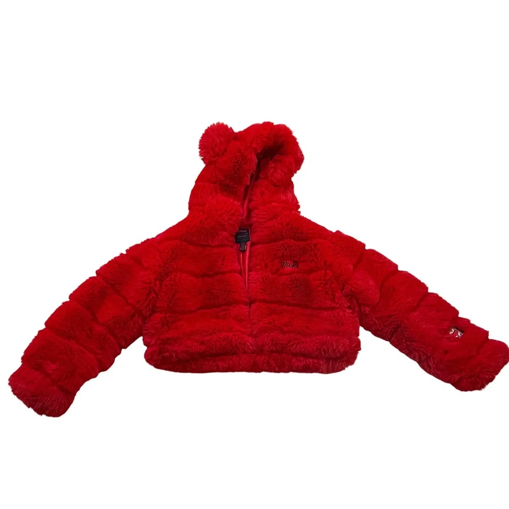 Disney Forever 21 Red Faux Fur Mickey Mouse Ear Hooded Cropped Jacket Womens M - Picture 3 of 8
